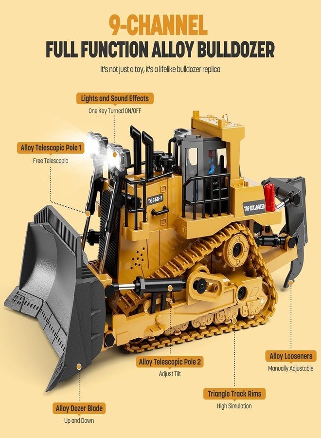 Daji 9 Channel RC Bulldozer, Remote Control Excavator, 1/24 Crawler Front Loader Construction Vehicles Toy Tractor with 2.4Ghz Transmitter and Alloy Shovel,Lights, Simulation Sound for Kids Gift - Image 2